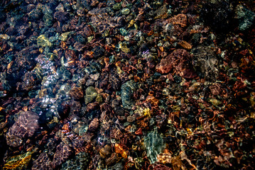 Colorful pebbles under clear water in Corsica