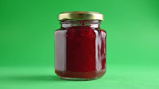 A clear glass jar filled with luscious homemade red fruit jam, featuring a golden lid, stands vibrant and inviting against a striking bright green background, ready to spread on toast