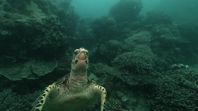 Rare scene of a hawksbill turtle &ndash; Eretmochelys imbricata &ndash; approaching and touching the dive light of a cameraman, alternating between external view and the camera perspective.