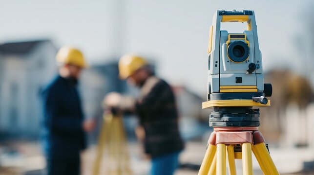 land survey team measuring land with total station and GPS equipment, tripod instruments, survey pole
