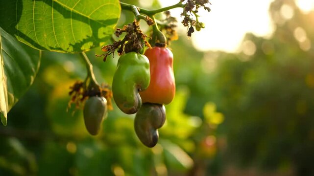 Cashew fruits hanging from tree branches in the sunshine, close up with selective focus and shallow depth of field