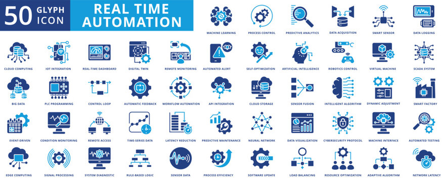 Real-time automation icon set flat containing machine learning, process control, data acquisition, smart sensor, data logging, cloud computing, big data, event-driven, edge computing