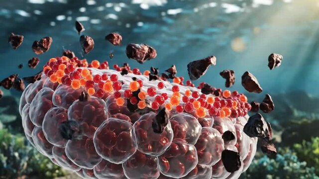 Microscopic view of cell structure and interaction, detailed illustration of biological processes, underwater environment
