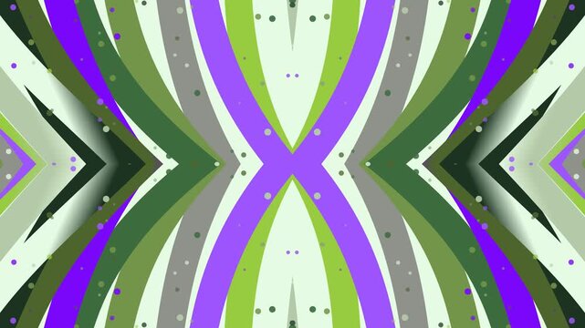 Abstract geometric pattern of flowing curved lines in shades of green, purple, and light green with small dot accents