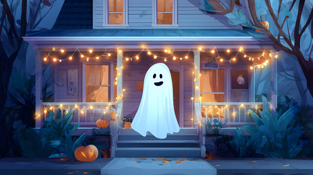 A cartoon ghost stands on the porch of a house decorated with Halloween lights and pumpkins.