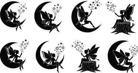 Collection of fairy silhouettes sitting on moon, with stars and magic dust, isolated on white background, fantasy illustration set © NASRIN