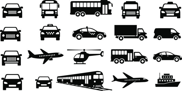 Set of transportation vehicle silhouettes, including car bus train airplane helicopter and ship, isolated on white background illustration