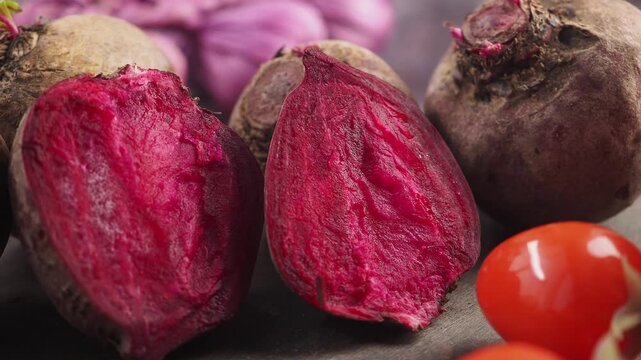 Fresh beets and cherry tomatoes on a table