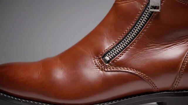 Close-up of a stylish brown leather boot with zipper and black sole in studio setting