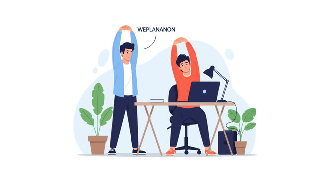Two men stretching at desk, office health break, work-life balance, healthy lifestyle