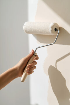Close up of a hand using a paint roller on a light beige wall with shadow