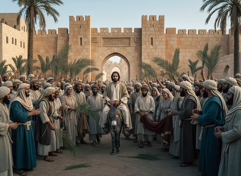 Biblical event of Jesus Christ entering Jerusalem on a donkey as crowds wave palm branches, declaring kingship