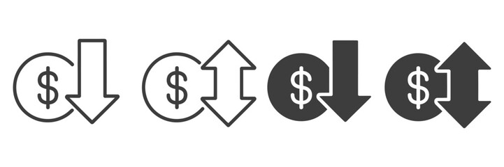 Dollar increase and decrease vector icons, cost reduce increases and decreases icon set, profit and lose money vector icons with arrows up and down ©  MUNNA 1