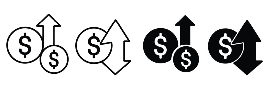 Dollar increase and decrease vector icons, cost reduce increases and decreases icon set, profit and lose money vector icons in flat and outline styles