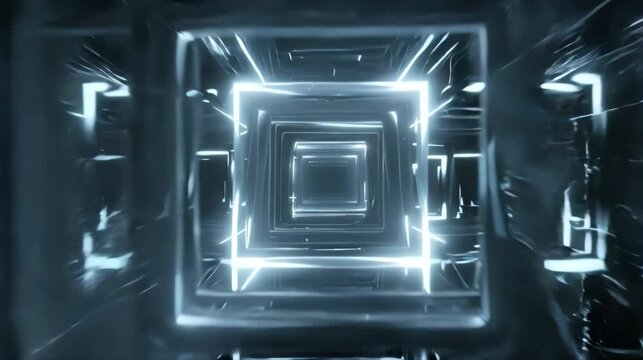 Shiny futuristic square tunnel of glowing frames and reflections, metallic sci fi corridor with depth and smooth motion, abstract technology background loop.