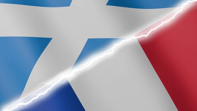 Two waving flags Scotland and France with diagonal lightning seamless, 4k loop