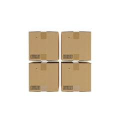 Four brown cardboard boxes with barcodes isolated on black background