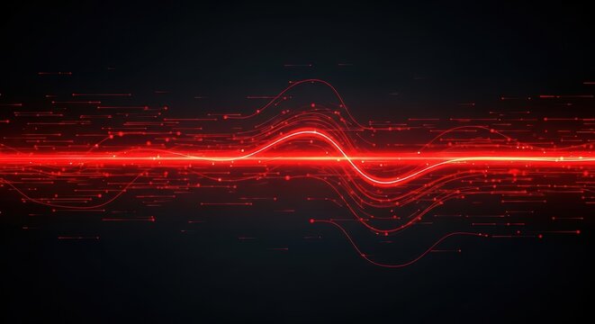 Glowing red waveform visualization of sound wave patterns and digital signal processing on dark background for audio technology applications