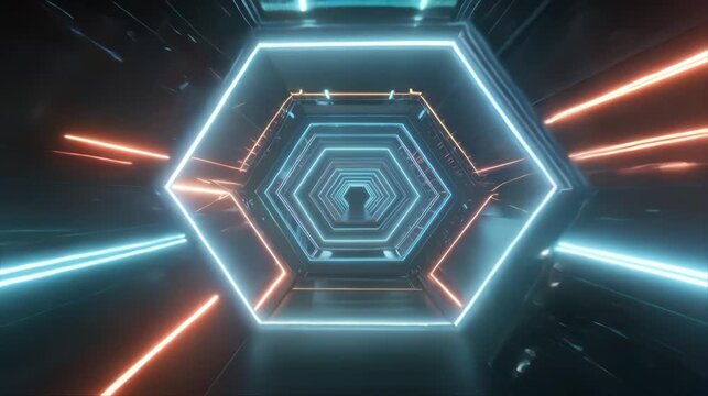 Futuristic hexagon tunnel with bright cyan and orange light streaks, glowing geometric corridor and speed motion, sci fi technology background loop.