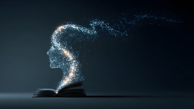 A creative illustration of a human head emerging from an open book