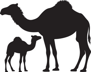 Black silhouette of a mother camel and her baby camel standing together