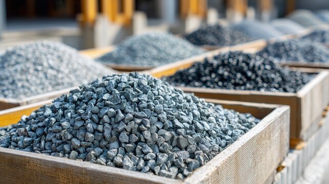 close-up of granite gravel for sale in a garden center, small crushed stones in a container 