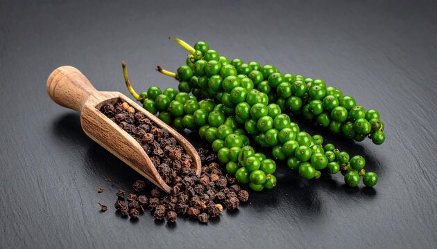 Fresh green peppercorns on a vine beside dried black peppercorns in a wooden scoop, symbolizing the natural aging and drying process of spices.