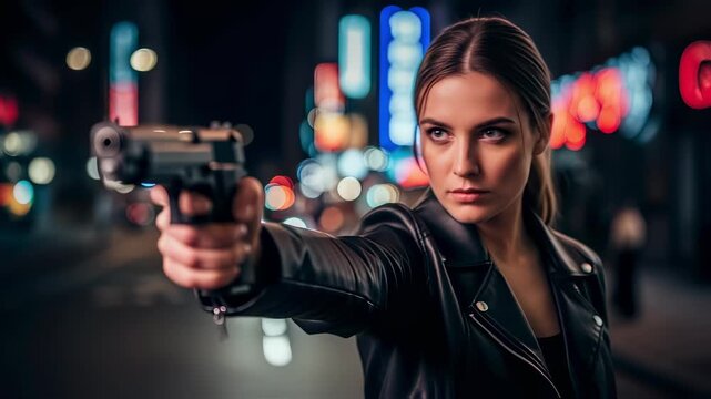 Serious woman aiming pistol in city night. Female detective holding weapon with urban bokeh background. Crime thriller concept