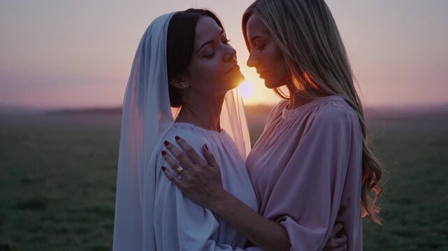 Lesbian couple wedding at sunset. Two brides embrace in romantic field. Same-sex marriage and LGBTQ love concept