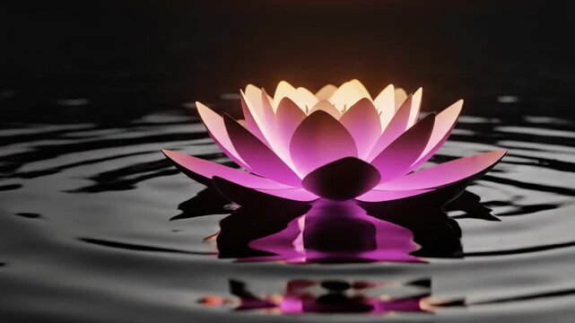 Seamlessly looping abstract motion graphics of an illuminated stylized lotus bloom floating on a reflective dark liquid surface with pulsating soft light reflective, dark ambient, concept