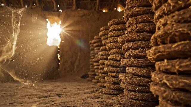 Rustic interior view with stacked dung cakes and sunlit window, capturing traditional rural life