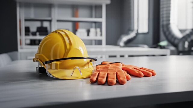 Construction Safety Equipment on Industrial Table Workplace Protection Concept