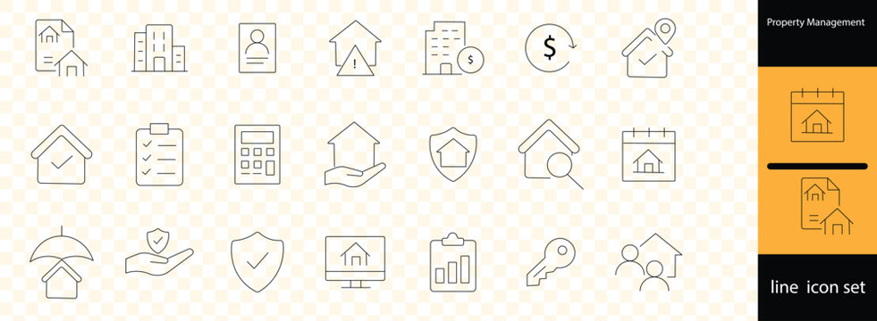 Professional property management line icon set for real estate services residential maintenance and home leasing