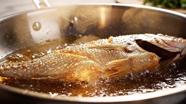 Sizzling Whole Fish Frying in Hot Oil in Stainless Steel Pan