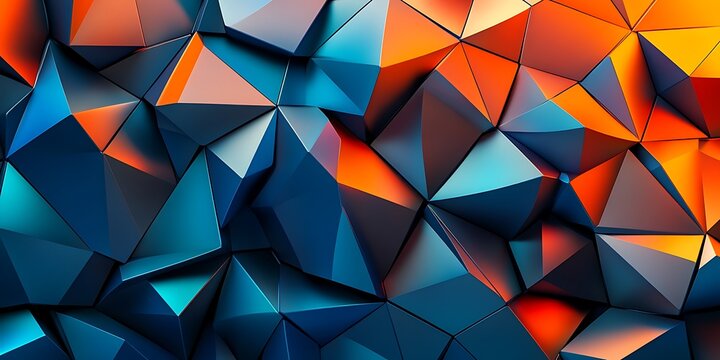 Abstract geometric background with blue and orange triangular facets in a low poly style design