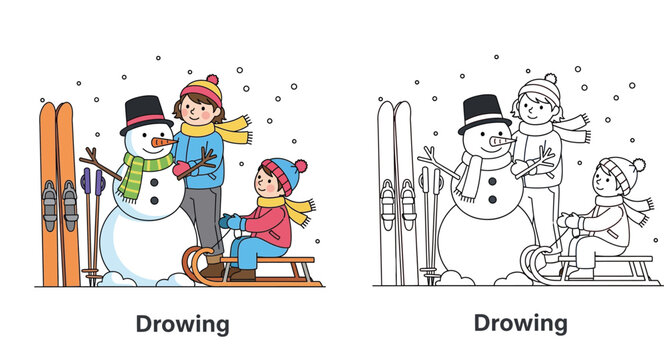 Happy family building snowman in winter with skis and sled, colored and outline vector illustration for coloring book
