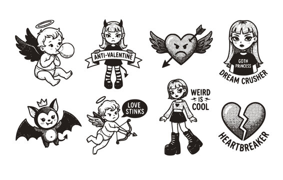 Black White Halftone Glamour 00s Baby Angel Cupid Y2K Gothic Set 8 Sketch Bubble Gum Goth Girl Wings-Anti Valentine Hearts 90s Vector Set