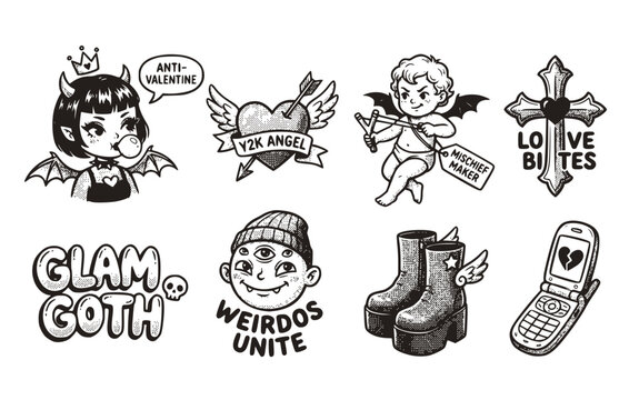 Black White Halftone Glamour 00s Baby Angel Cupid Y2K Gothic Set 8 Sketch Bubble Gum Goth Girl Wings-Anti Valentine Hearts 90s Vector Set