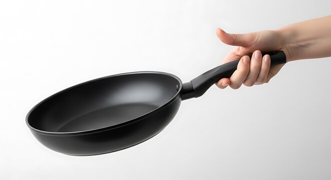 A hand holding a black frying pan on a Transparent Background for cooking and kitchen needs