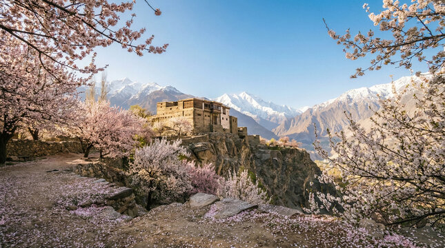 Altit Fort surrounded by pink apricot blossoms in spring, Hunza Valley, Pakistan