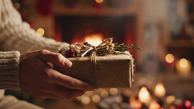 Cozy holiday scene with hands holding a festive gift in front of a warm fireplace and Christmas tree