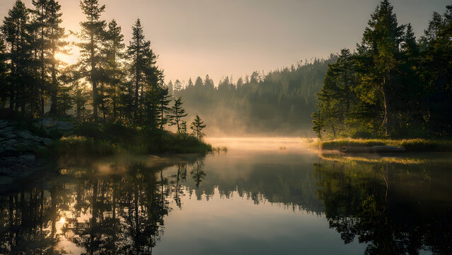 Serene sunrise over misty forest lake with calm reflections