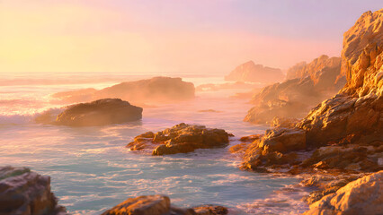 Obraz premium Sunset over a rocky coastline with gentle waves and warm light