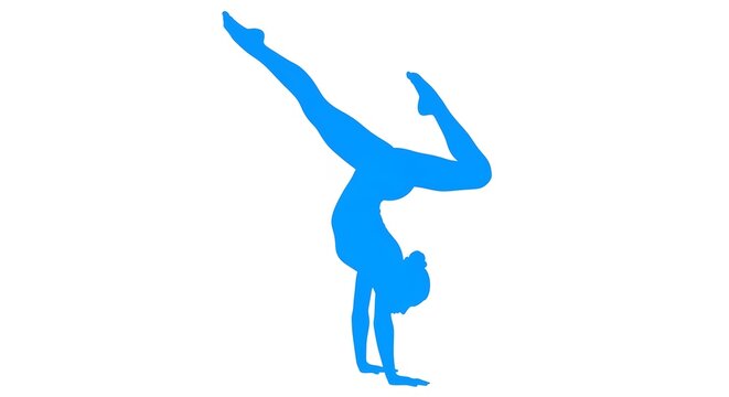 Blue silhouette of gymnast performing a handstand on white background