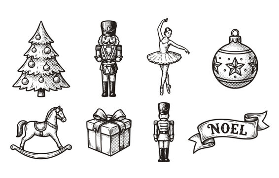 Black White Halftone Nutcracker Christmas Eve Winter Ballet Set 8 Sketch Noel Tree Baubles-Toy Soldier Ballerina Decoration Vector Set