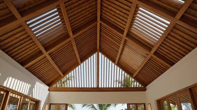 Luxurious wooden ceiling construction with natural light and tropical views creates a relaxing interior