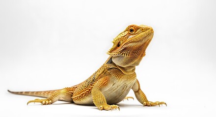 Obraz premium A vibrant orange bearded dragon lizard sitting on a Transparent Background looking upwards.