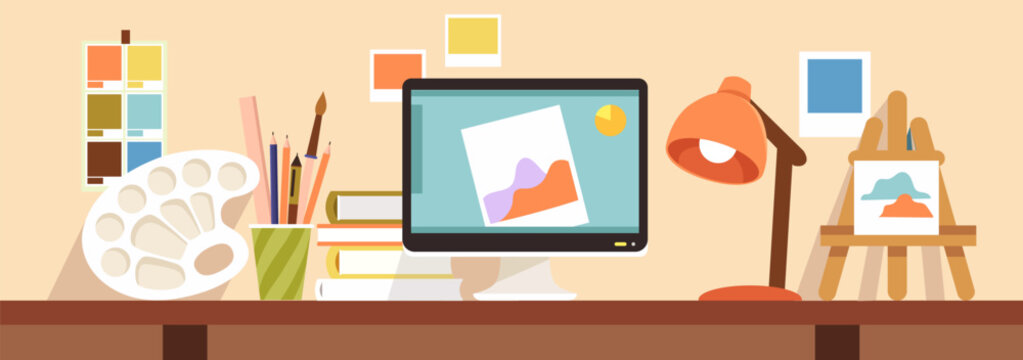Artist's desk. Vector flat illustration. Horizontal banner. Creative workplace. Cartoon style. Workspace.