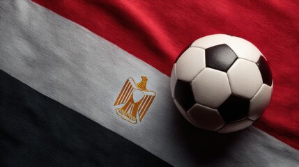 Fototapeta premium Soccer ball placed on the flag of Egypt during a sports event in a local field