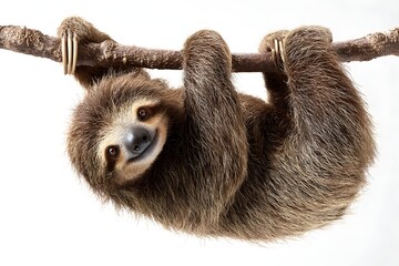 Gentle sloth's calm soul shown in textured fur and relaxed hang on white backdrop.